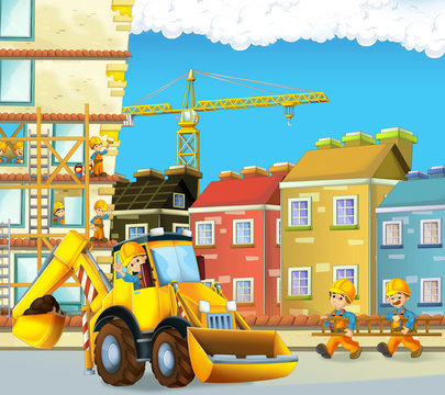 Cartoon scene with construction workers - excavator - illustration for the children