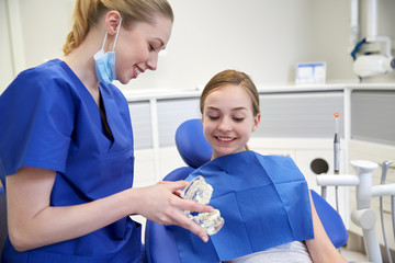 happy dentist showing jaw model to patient girl