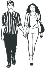 sketch of man and woman walking hand in handm