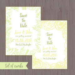 Vector ink watercolor save the date cards in rustic style with leaves and flowers