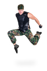 dancer dressed soldier jumping