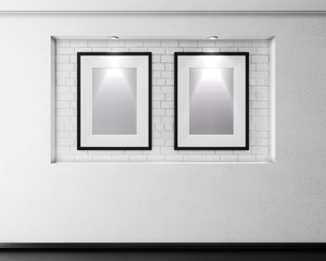 Brick alcove with two frames for pictures and illumination. 3d.