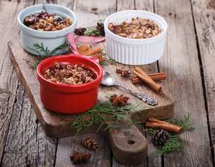 Plum crumble on a wooden Board.. New year and Christmas biscuits.selective focus.