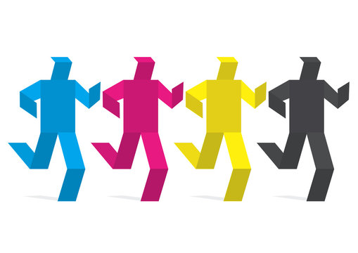 Paper Figures Colored In Print Colors.
Four  Running Colored Figures In CMYK Color Mode. Concept For Presenting Of Color Printing.. Vector Available.
