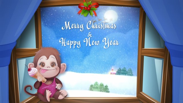 Snowy day at Christmas and New Year. Christmas monkey
