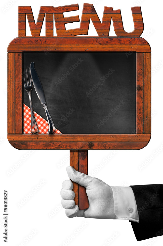 Aufkleber chef with old blackboard with text menu / hand of chef with white glove holding an old empty blackbo