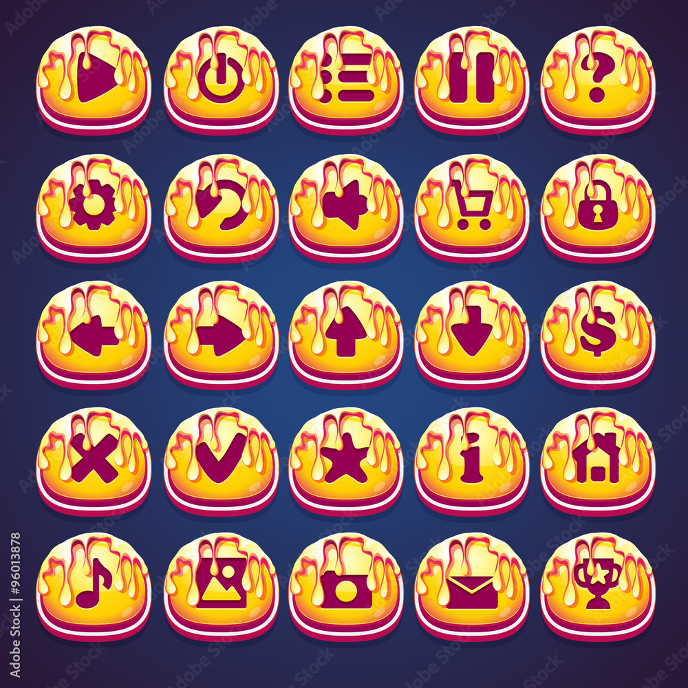 Poster set gold buttons for web video game in style marmalade