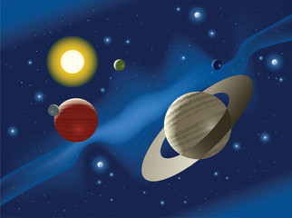 Naklejka premium Planets orbiting a star in outer space including a ringed planet.