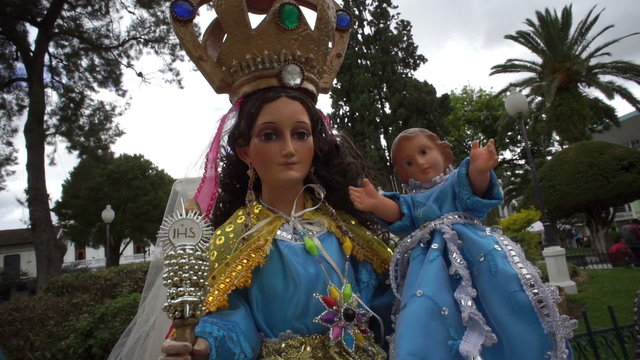 Close up shot of the image of the Virgen de El Cisne which is believed to be the image of Mary the mother of god and first came to the catholic religion in 1594 in El Cisne Ecuador.