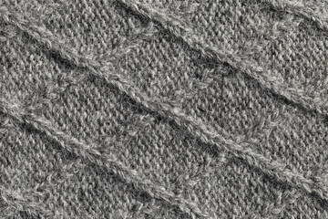 Fototapeta na wymiar Knitted textile background. Close-up of knitted wool texture in gray color. 