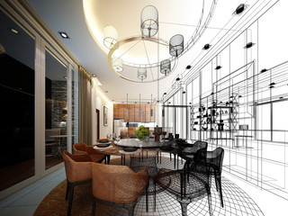 abstract sketch design of interior dining room