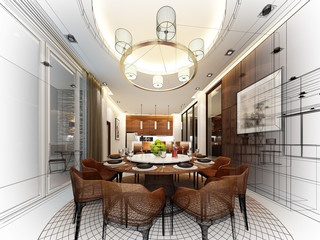 abstract sketch design of interior dining room