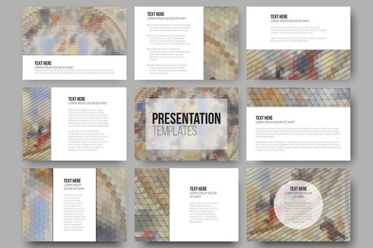 Set Of 9 Templates For Presentation Slides. Catholic Church Inside. Abstract Multicolored Backgrounds. Geometrical Patterns. Triangular And Hexagonal Style Vector