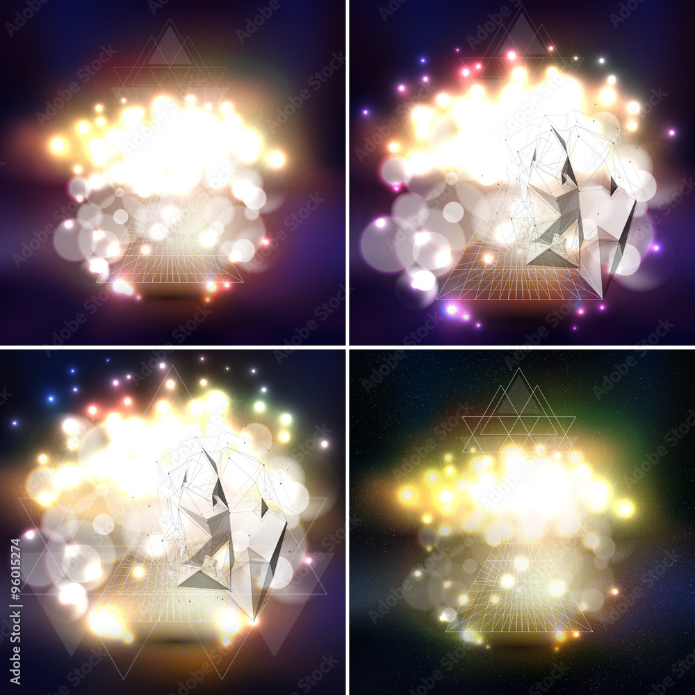 Poster set of abstract multicolored backgrounds with bokeh lights and stars. vector 3d pyramids, scientific