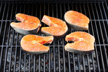 Salmon fish roasted on barbecue grill.