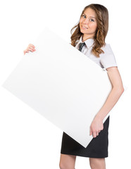 Fototapeta premium Office woman holding a large blank billboard