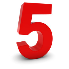 Red 3D Number Five Isolated on white with shadows