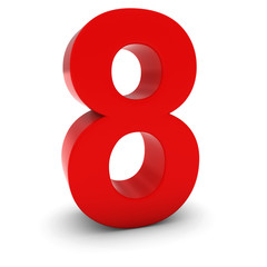 Red 3D Number Eight Isolated on white with shadows