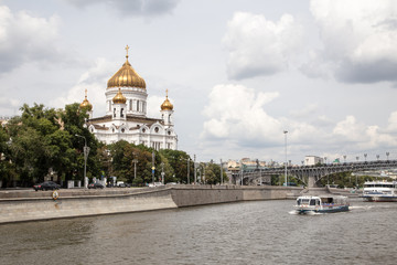 Moskva river panorama in summer with Cathedral of Christ the Saviour in the background in Moscow, Russia.