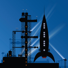 A retro cartoon rocket silhouette on a launch pad, preparing to blast off to outer space. 