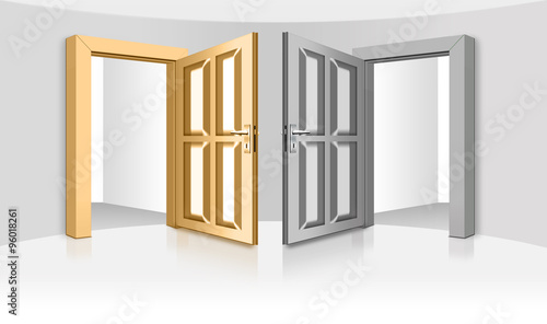 "zwei gegenüberliegende Türen. Eingang und Ausgang" Stockfotos und