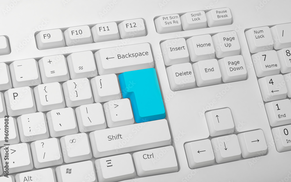 Poster white computer keyboard with blue key