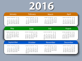 Calendar 2016 year vector design template.