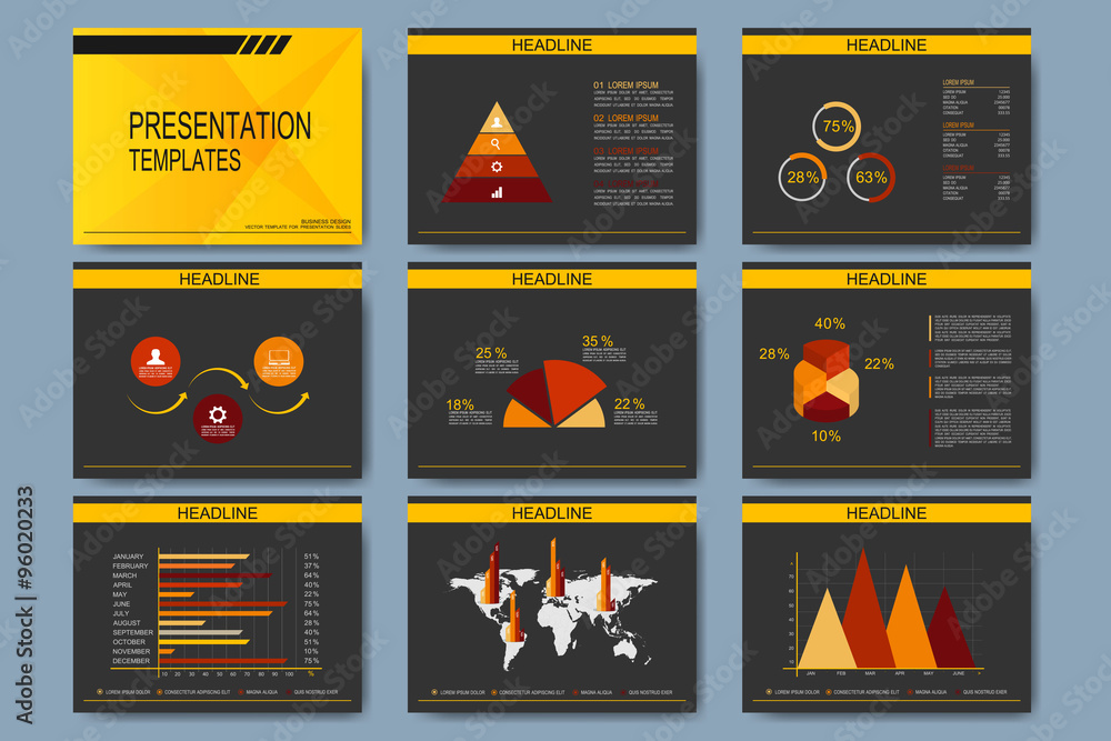 Poster Set of vector templates for presentation slides. Modern business design with graph and charts