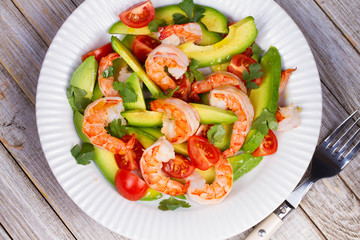 Shrimp and avocado salad. View from above
