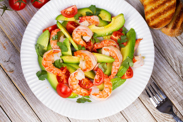Shrimp and avocado salad. View from above