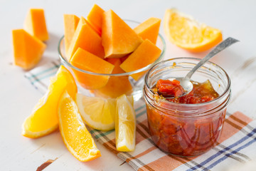 Fototapeta na wymiar Orange and pumpkin jam ingredients 