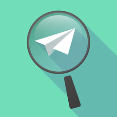 Long shadow magnifier vector icon with a paper plane