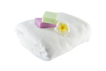 Spa treatment with soap towels and flower on white background with clipping paths
