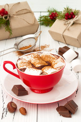 Hot chocolate with marshmallows. Christmas holiday drink.