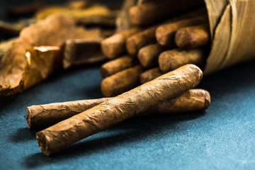 Cuban cigars in traditional palm leafs box