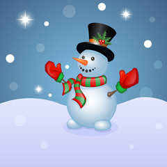 snowman in a hat and scarf under falling snow