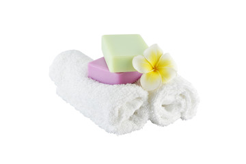 Spa treatment with soap towels and flower on white background with clipping paths