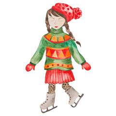 Watercolor ice skating girl