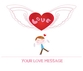 cute cartoon illustration of young man in love, love card.