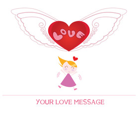 cute cartoon illustration of young woman in love, love card.
