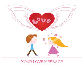 cute cartoon illustration of young woman and man in love, love card.