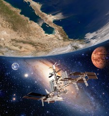 Earth satellite solar system international space station iss moon mars planet. Elements of this image furnished by NASA.