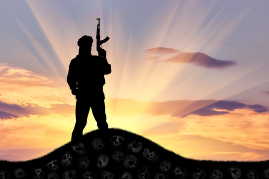 Silhouette of man holding rifle against cloudy sky