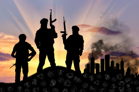 Silhouette of men holding rifles against cloudy sky