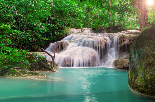 Waterfall in the deep Jungle at Erawan National Park © calcassa