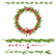 Fototapeta na wymiar Christmas wreath with christmas balls, abstract flowers. Christmas borders. Set of christmas pine twigs and holiday decorations: balls, tapes and bows. Vector, EPS 10.