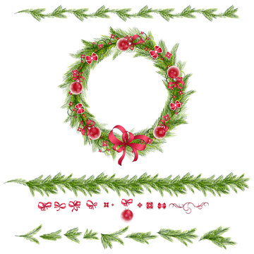 Christmas wreath with christmas balls, abstract flowers. Christmas borders. Set of christmas pine twigs and holiday decorations: balls, tapes and bows. Vector, EPS 10.