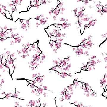 Seamless pattern with branches of blooming cherry-tree isolated on white background. Abstract blooming cherry-tree. Watercolor imitation. Vector, EPS 10