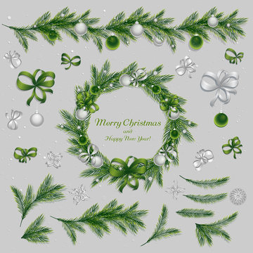 Set of christmas decorations: balls, ribbons, stars and abstract elements. Christmas wreath. Christmas pine twigs and spruce branches. Christmas border. Green and silver colors. Vector, EPS 10.