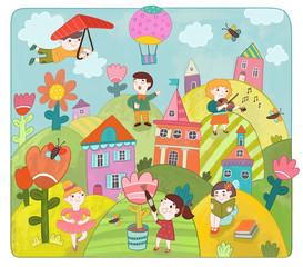 Obraz na płótnie Canvas Городок детей. Дети занимаются разными творческими занятиями.